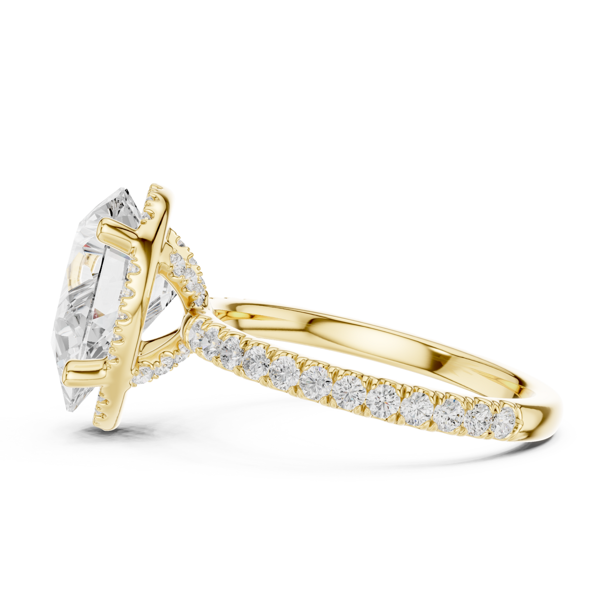 Pear petal-prong hidden halo pave engagement ring yellow gold side view