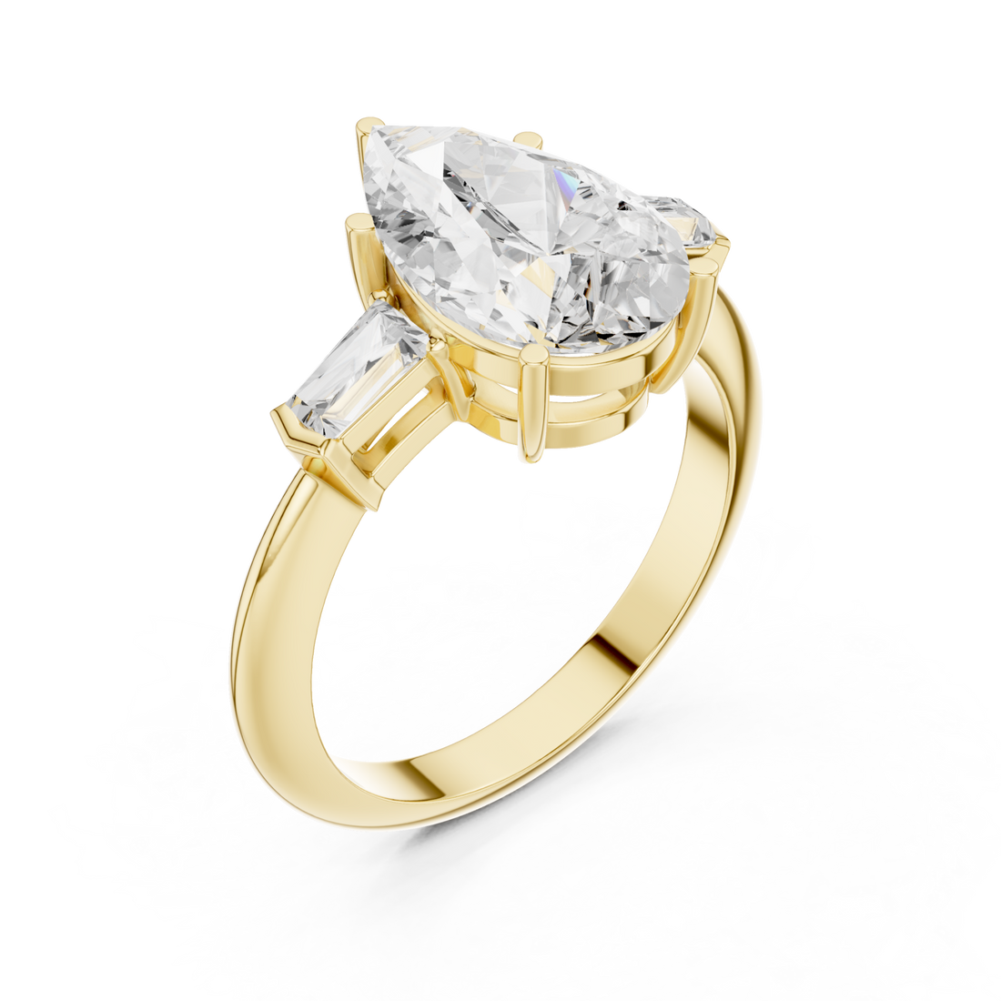 Pear petite baguette three stone engagement ring yellow gold front view