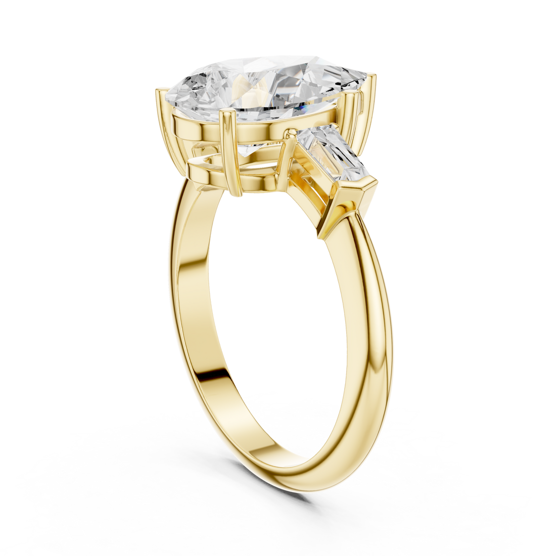 Pear petite baguette three stone engagement ring yellow gold front view