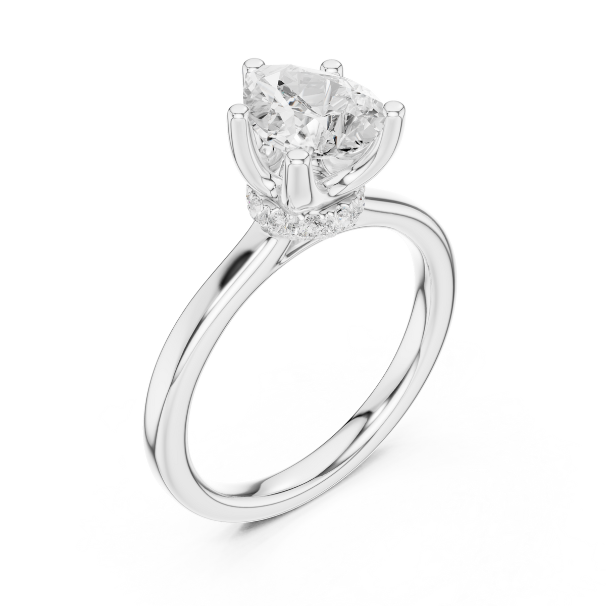 Pear petite hidden halo solitaire engagement ring white gold angle view