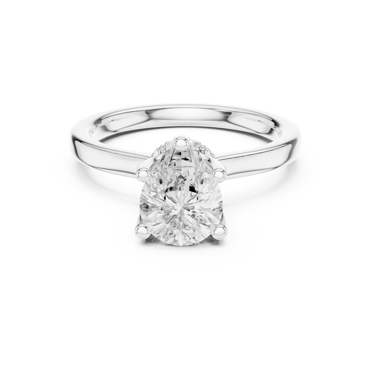 Pear petite hidden halo solitaire engagement ring white gold detail view