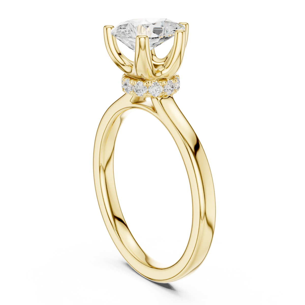Pear petite hidden halo solitaire engagement ring yellow gold front view