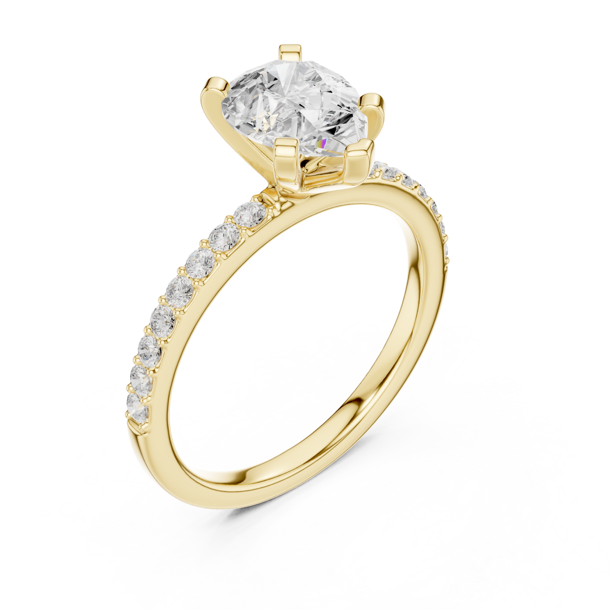 Pear petite pave engagement ring yellow gold angle view