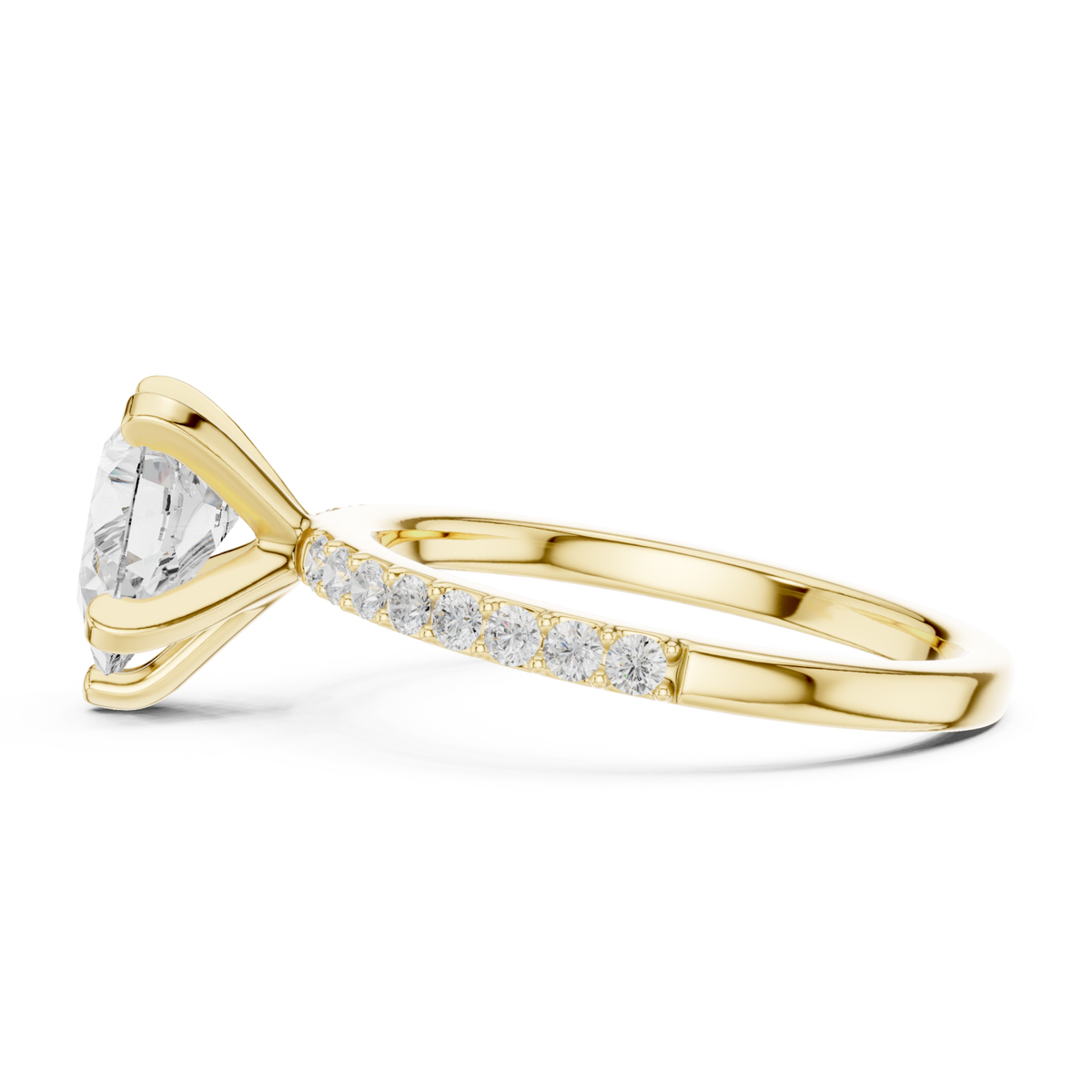Pear petite pave engagement ring yellow gold side view