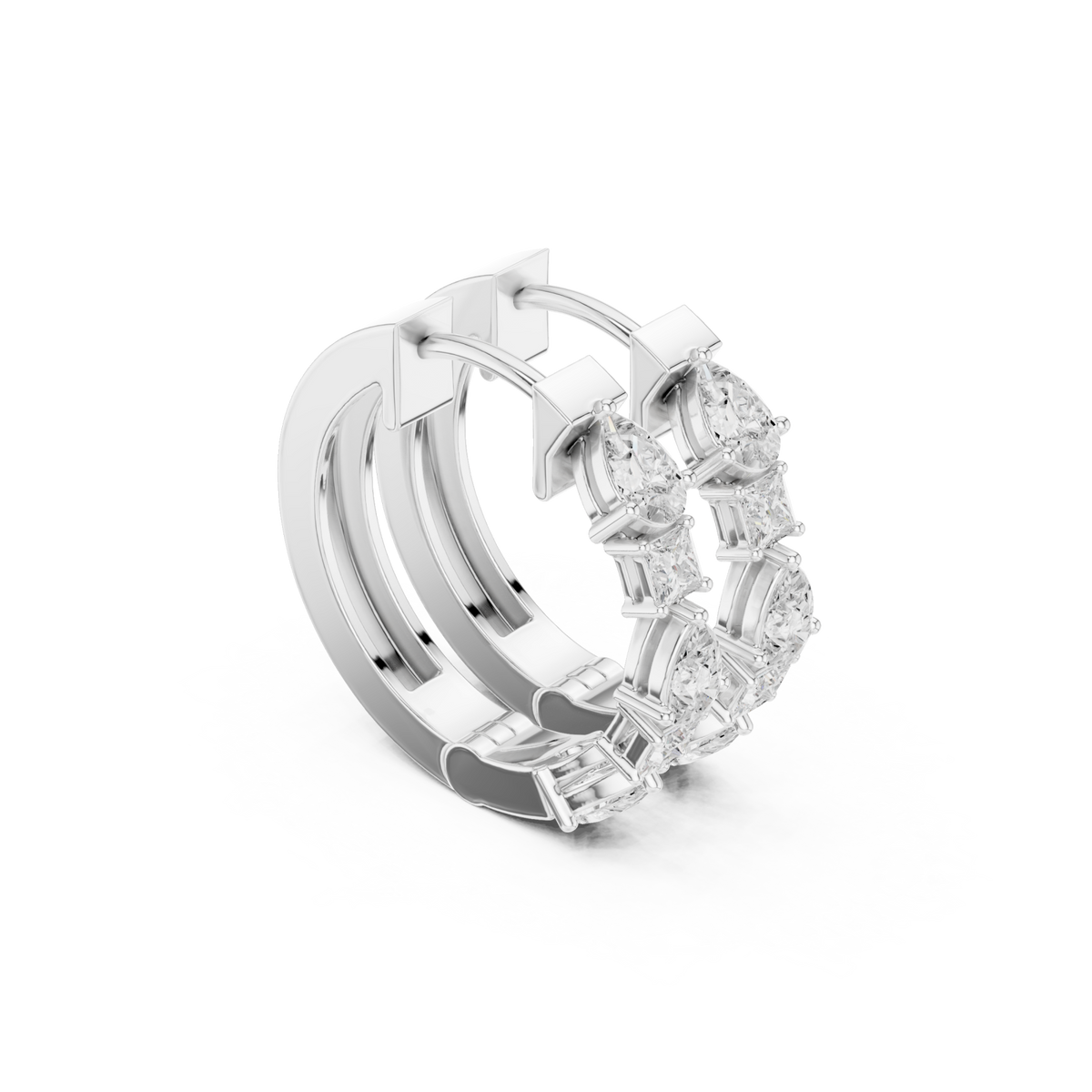  White Gold Pear & Princess-Cut Huggie Hoops Front View