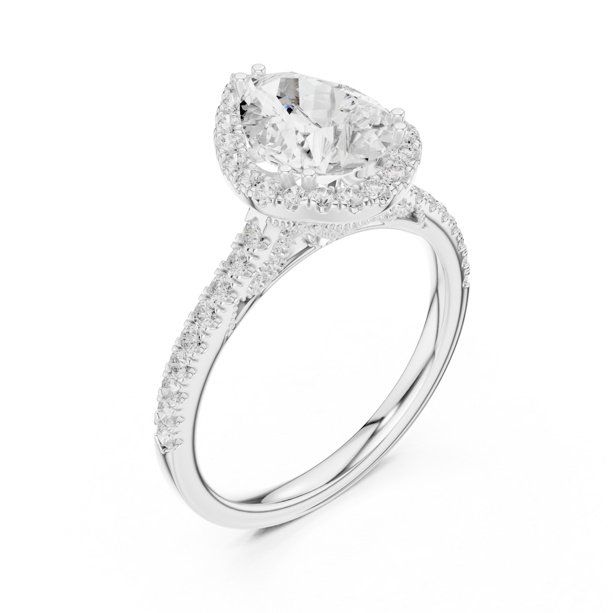 Pear scalloped gallery halo pave engagement ring white gold angle view