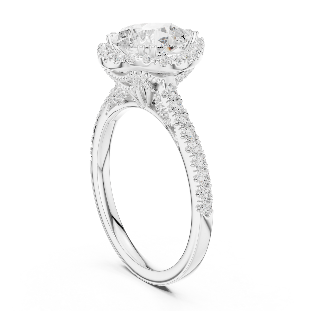 Pear scalloped gallery halo pave engagement ring white gold front view