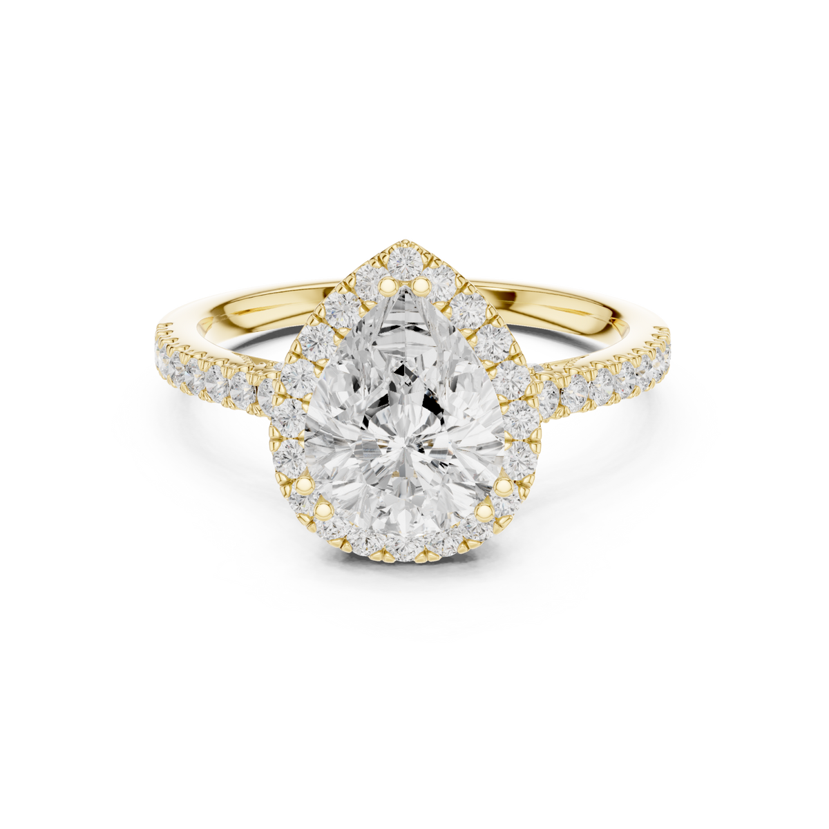 Pear scalloped gallery halo pave engagement ring yellow gold detail view