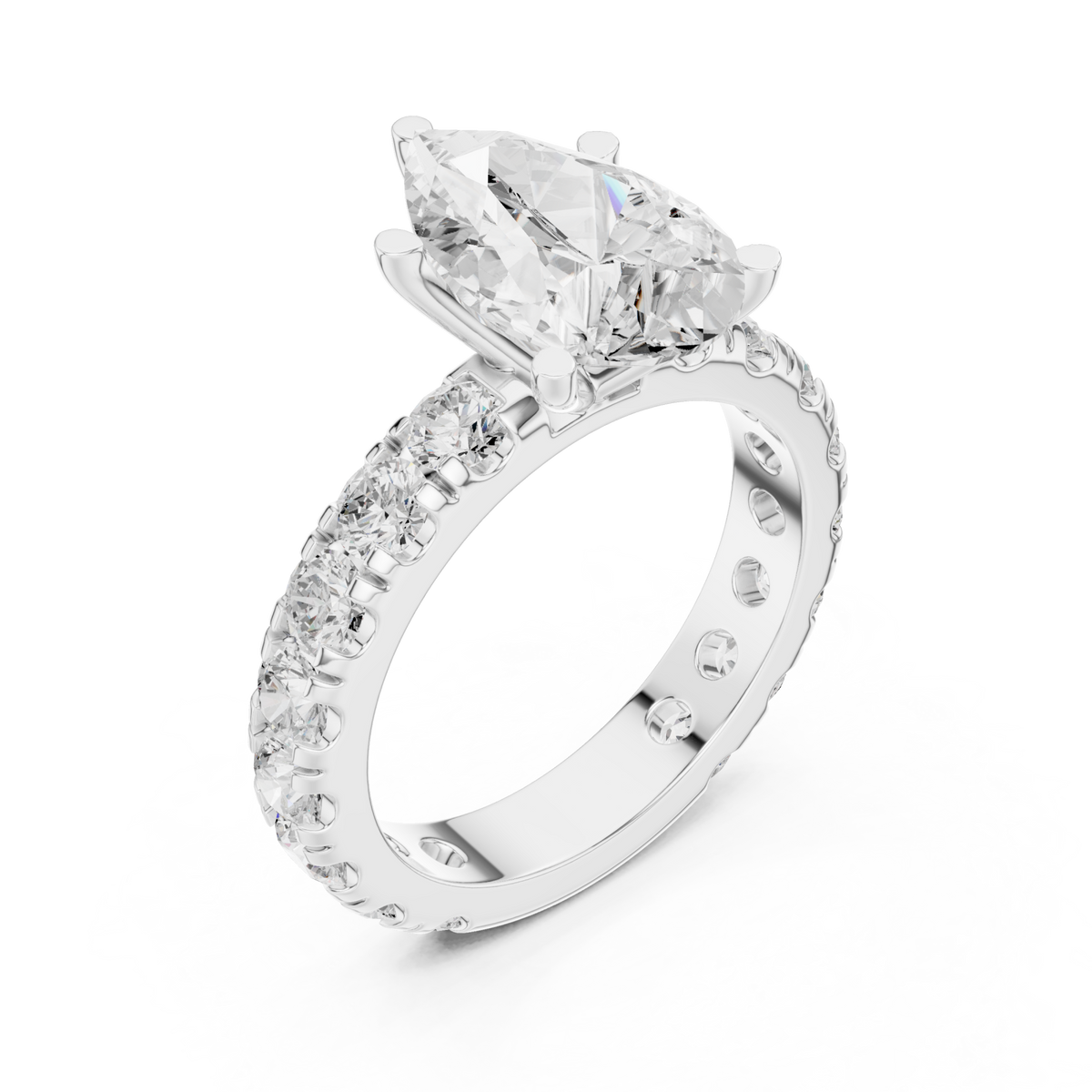 Pear shared-prong accent engagement ring white gold angle view