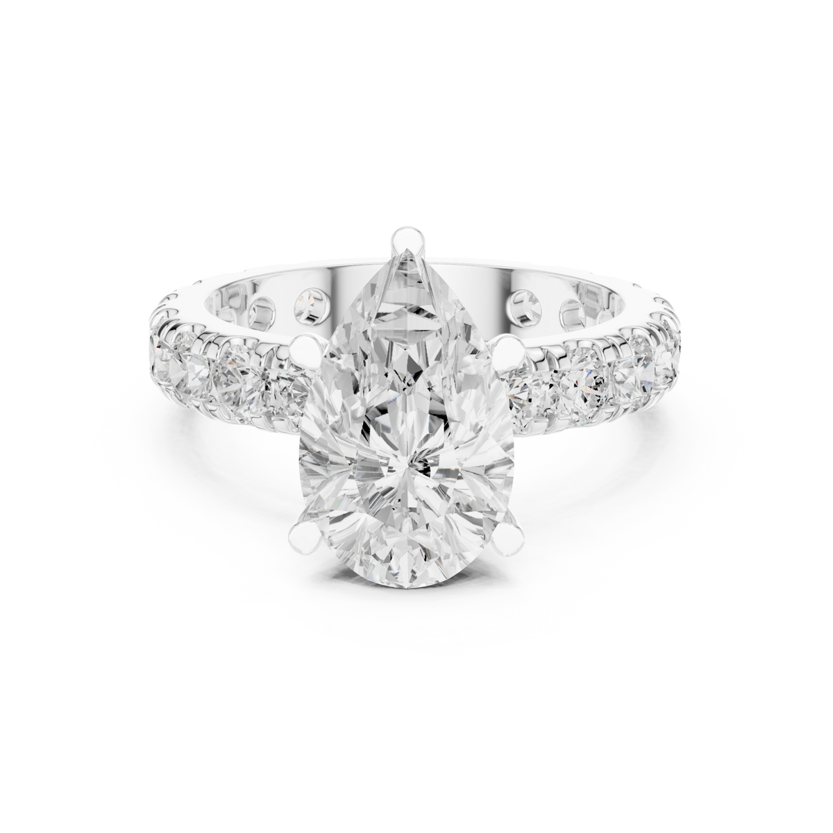 Pear shared-prong accent engagement ring white gold detail view