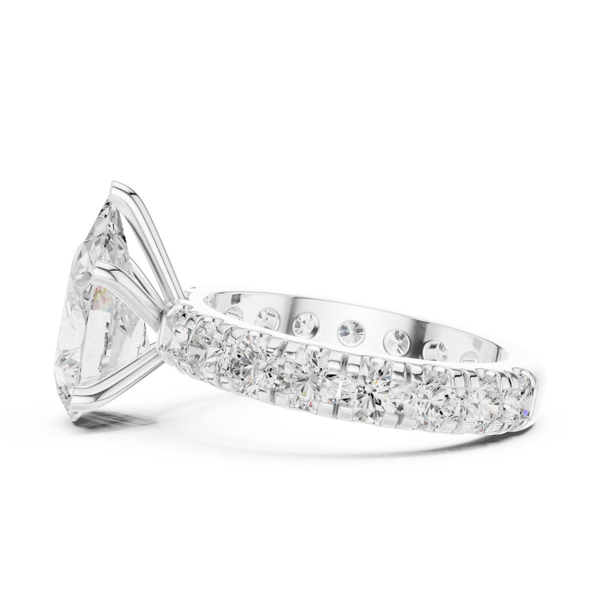 Pear shared-prong accent engagement ring white gold side view