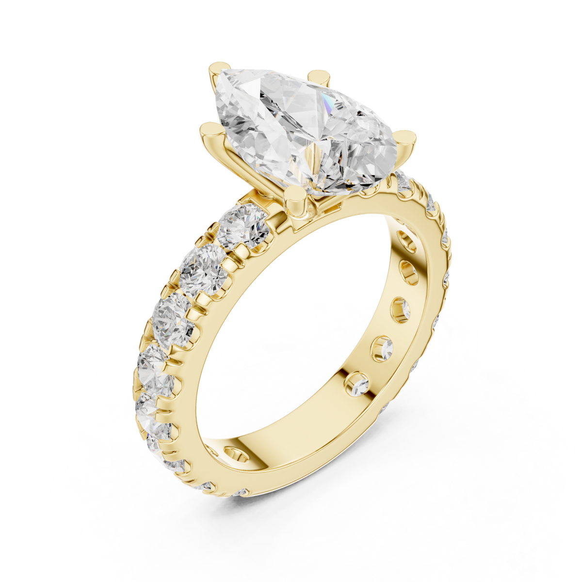Pear shared-prong accent engagement ring yellow gold angle view