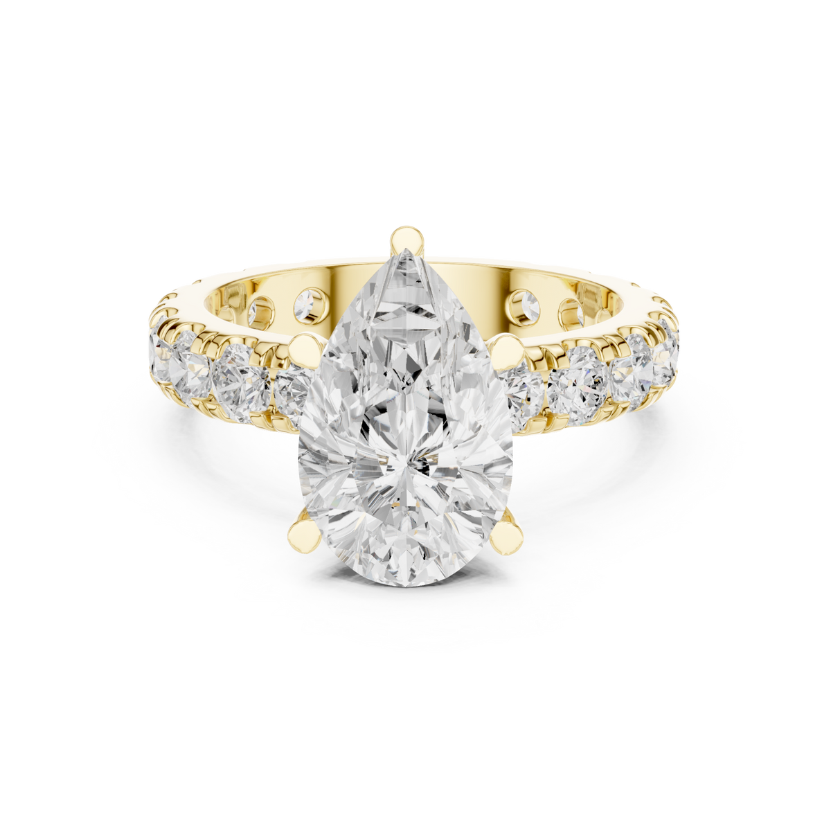 Pear shared-prong accent engagement ring yellow gold detail view