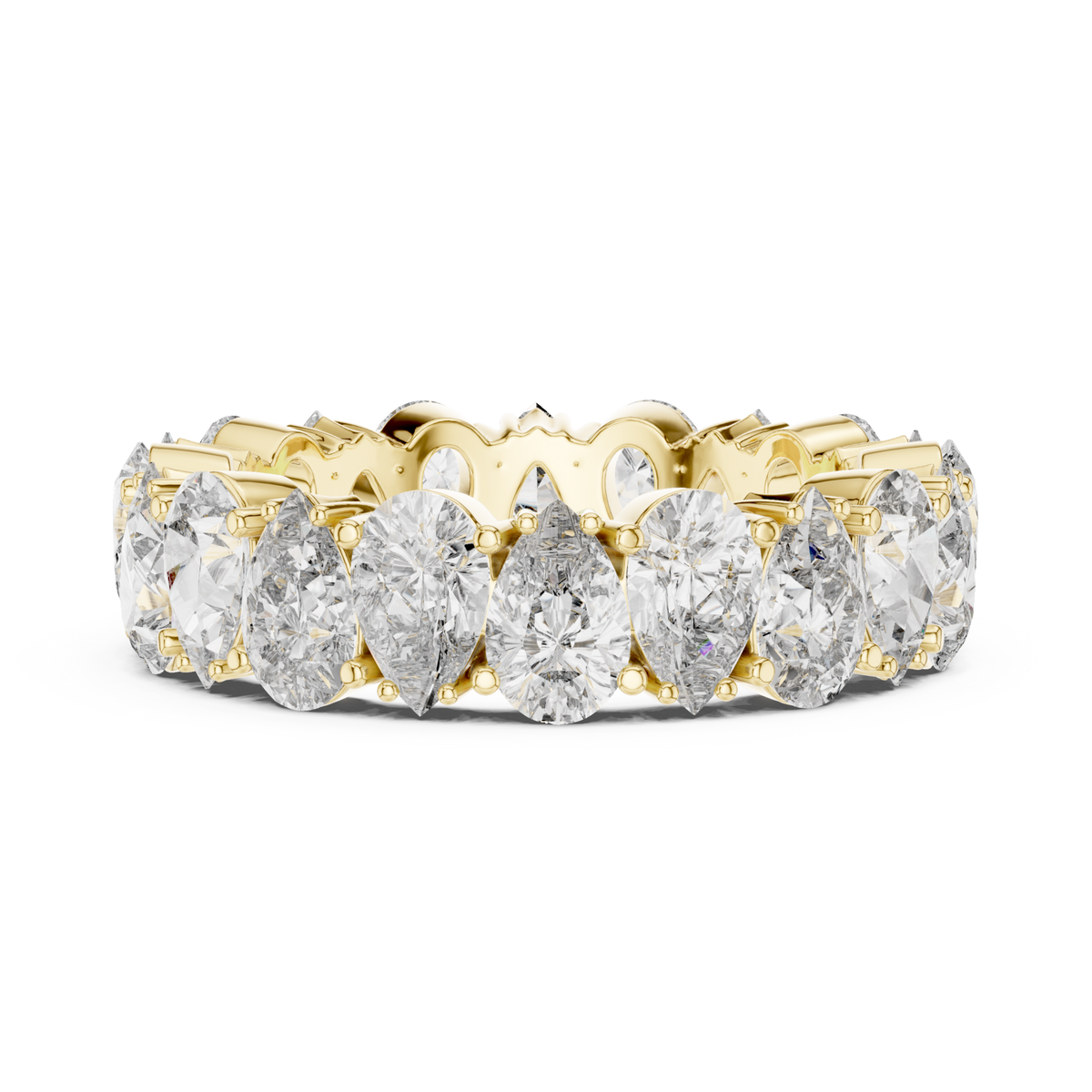 Pear shared-prong eternity band yellow gold angle view