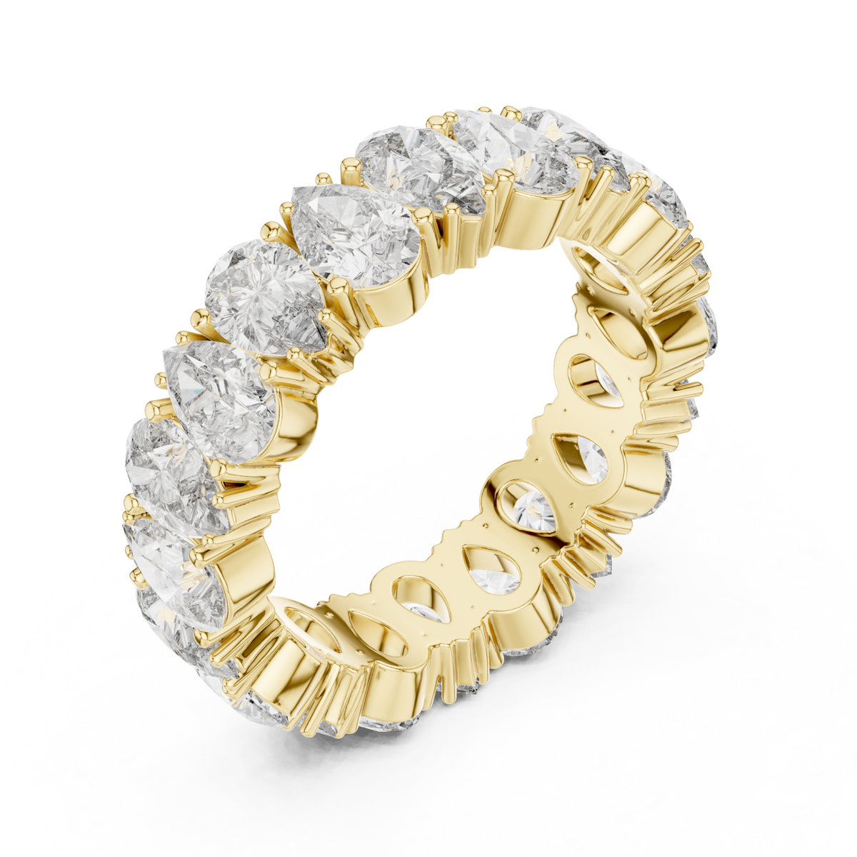 Pear shared-prong eternity band yellow gold front view