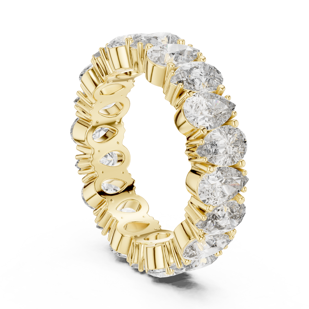 Pear shared-prong eternity band yellow gold side view