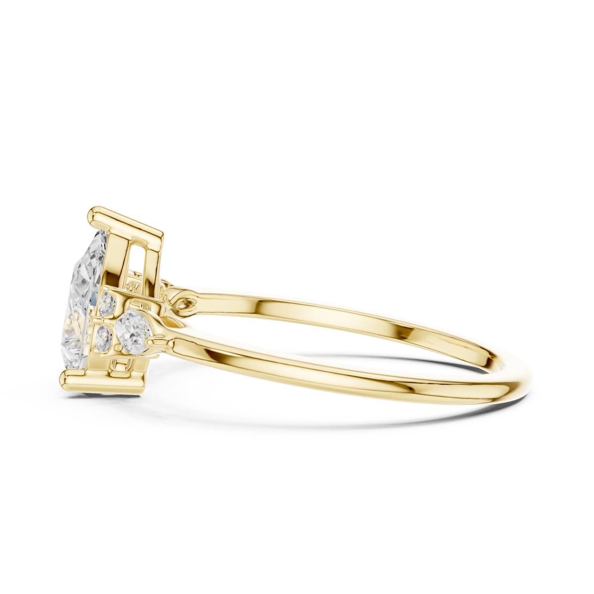 Pear side cluster trellis ring yellow gold angle view