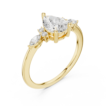 Pear side cluster trellis ring yellow gold front view