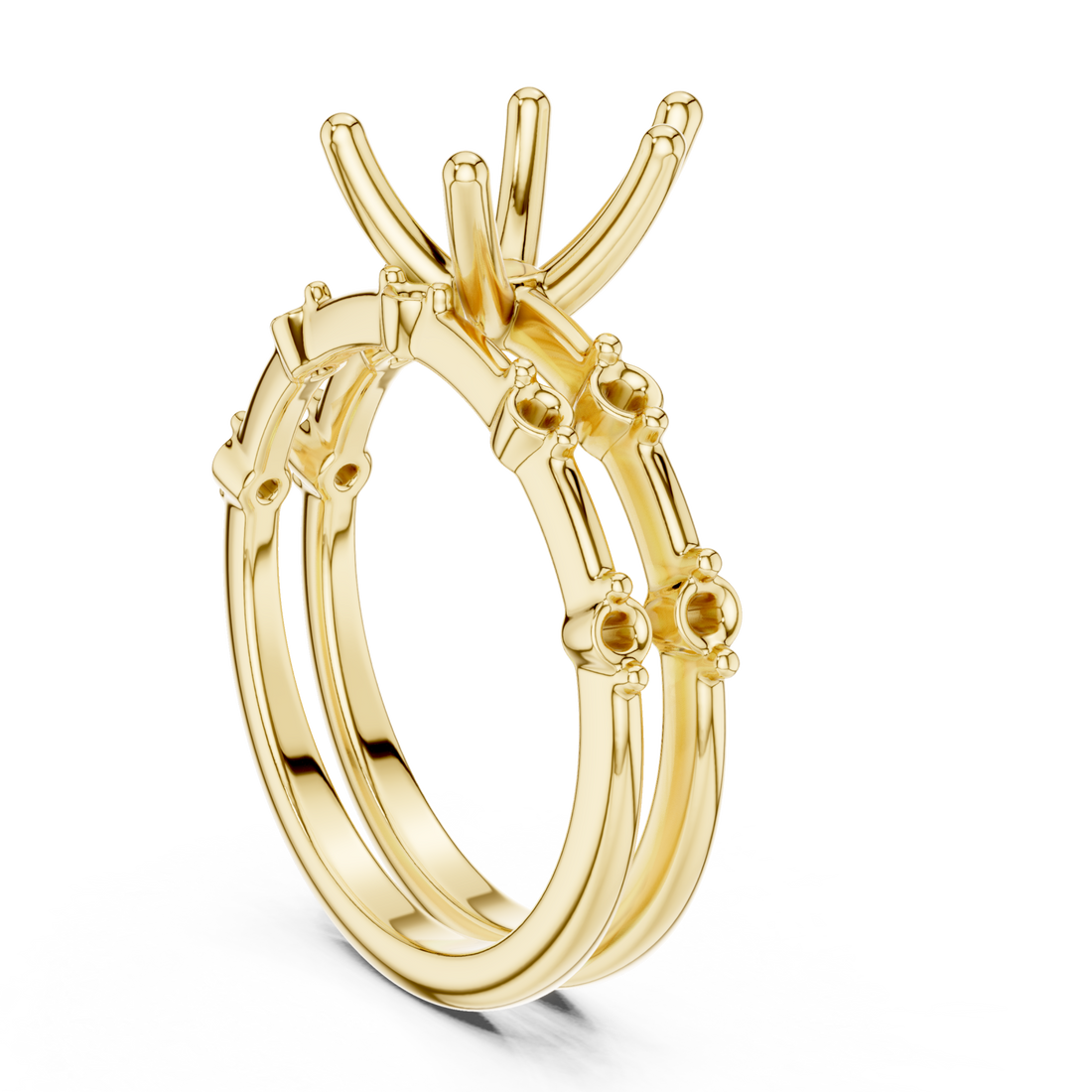Pear spaced accent bridal set yellow gold front view