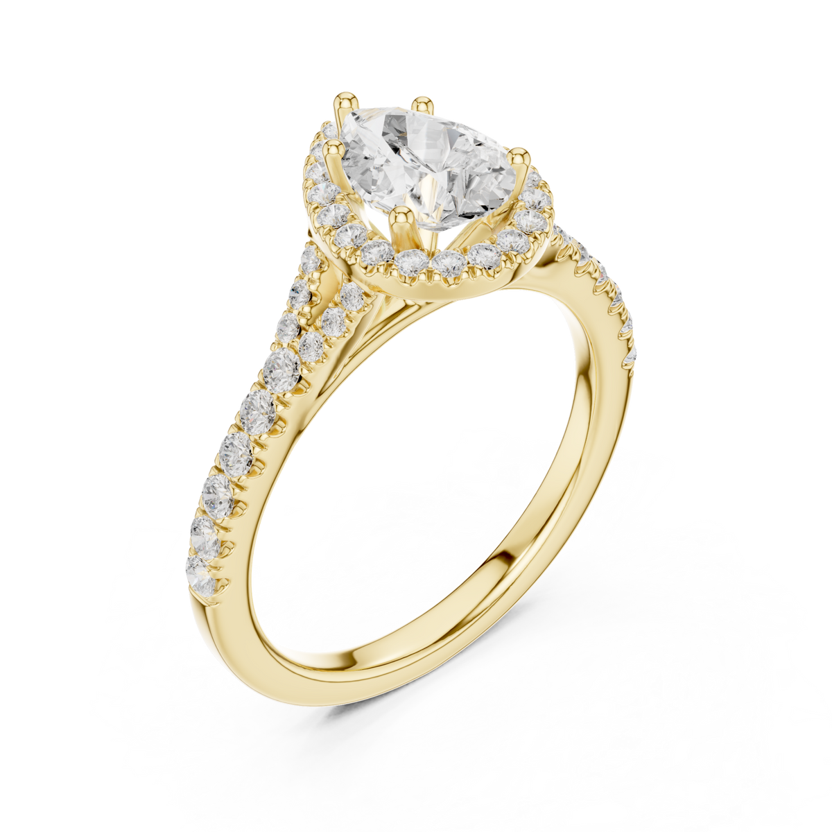 Pear split bridge halo pave engagement ring yellow gold angle view
