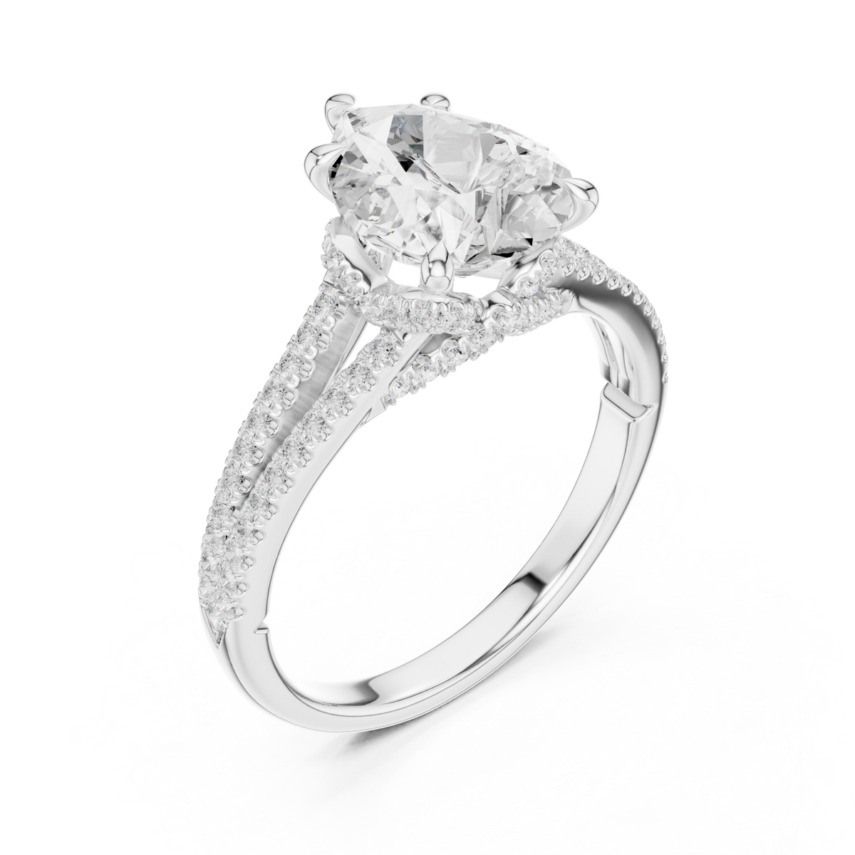 Pear split shank pave engagement ring white gold angle view