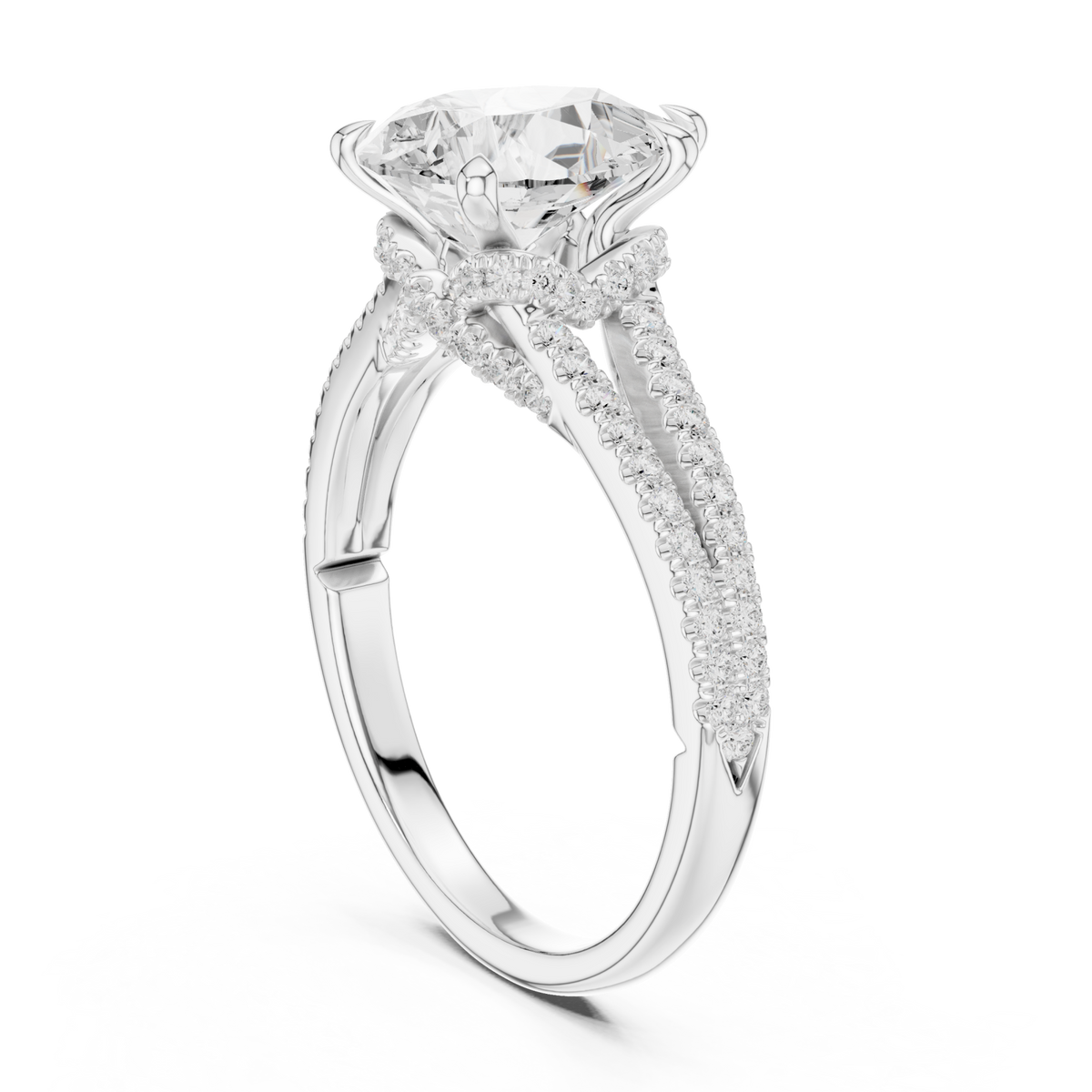 Pear split shank pave engagement ring white gold front view