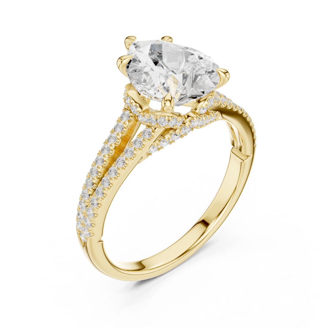 Pear split shank pave engagement ring yellow gold front view