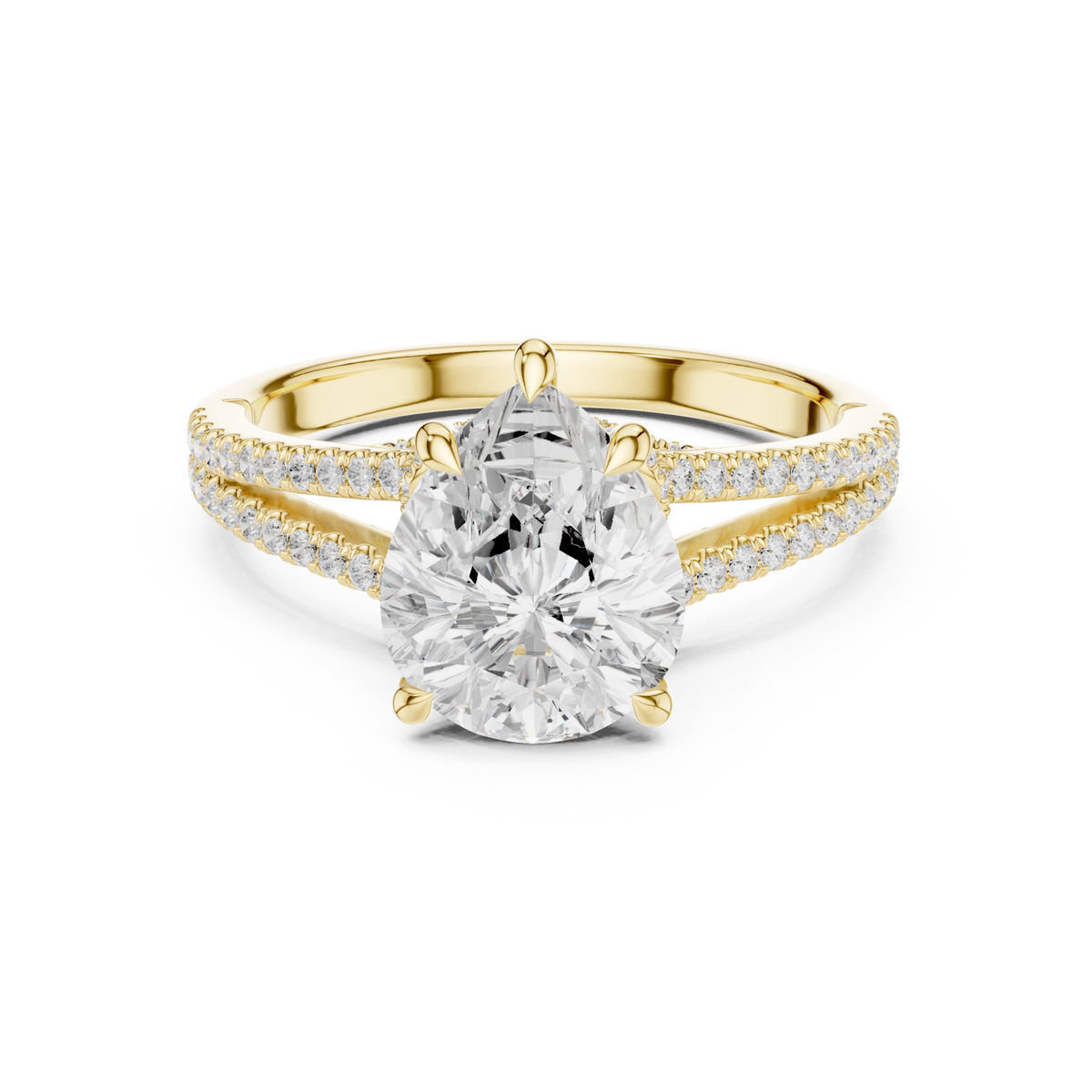 Pear split shank pave engagement ring yellow gold detail view
