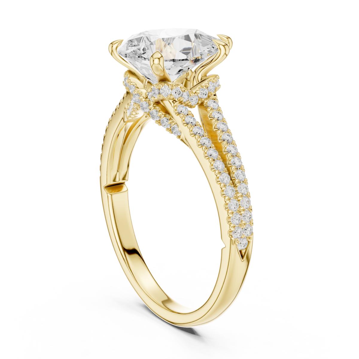 Pear split shank pave engagement ring yellow gold front view