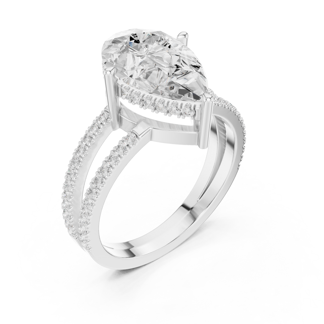 Pear split shank pave solitaire engagement ring white gold front view