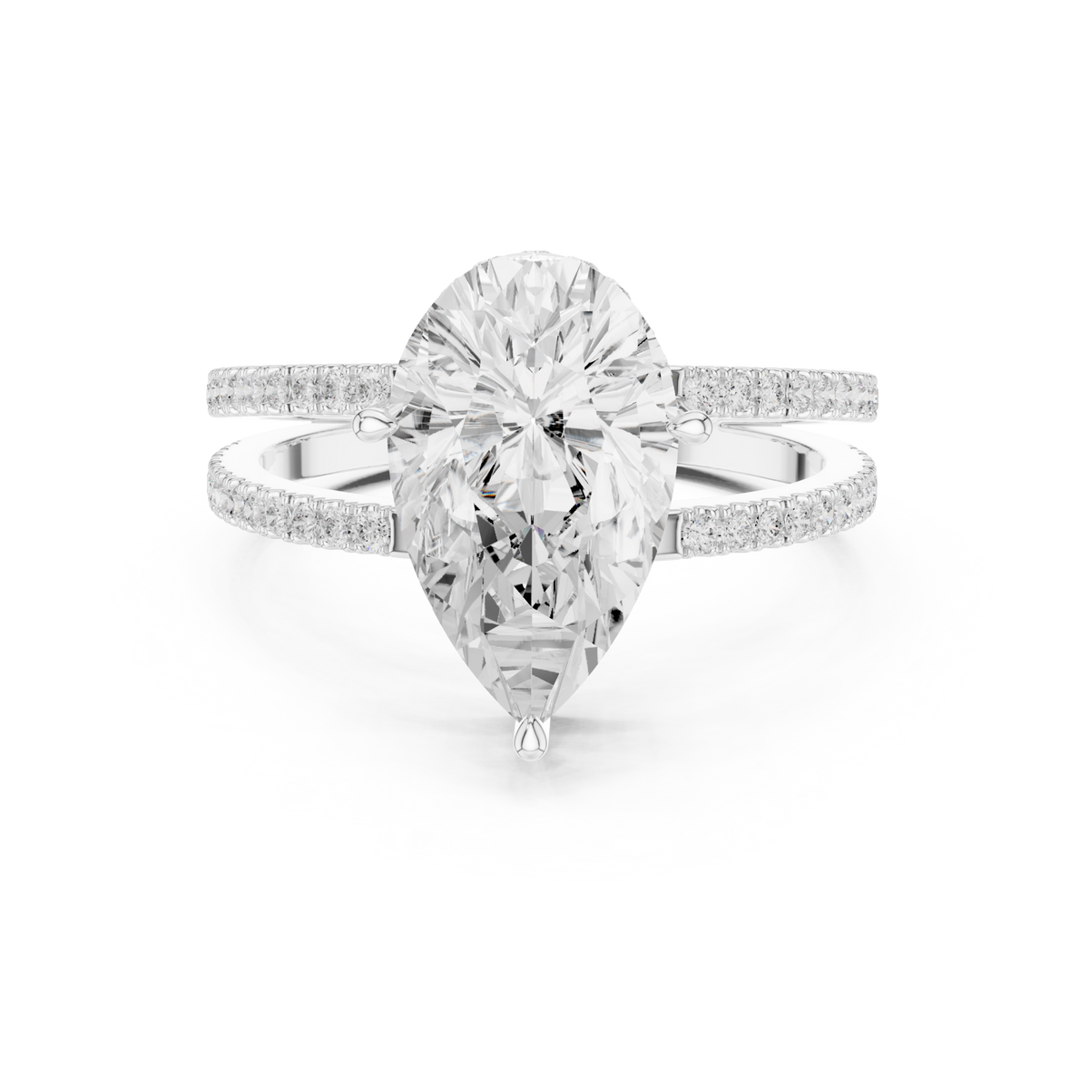 Pear split shank pave solitaire engagement ring white gold detail view