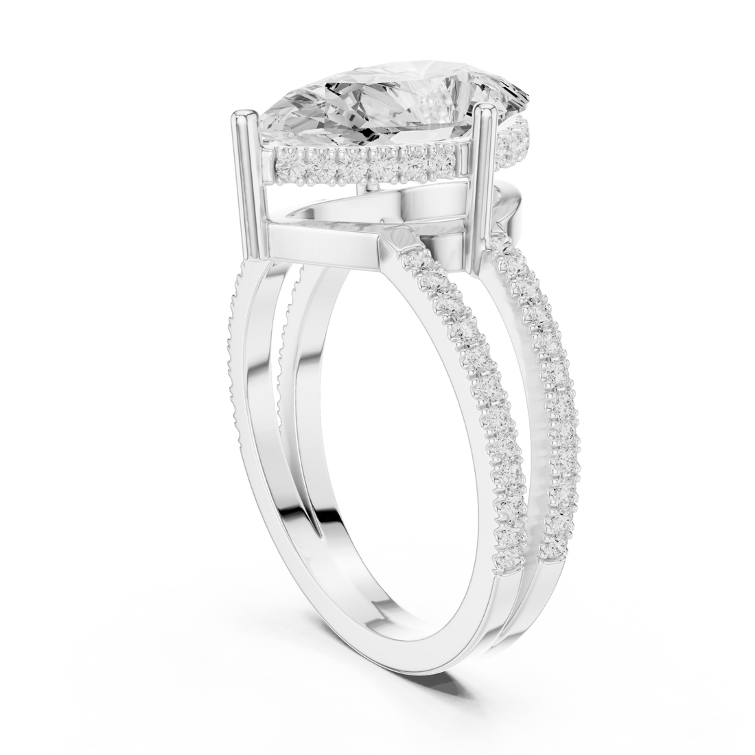 Pear split shank pave solitaire engagement ring white gold front view