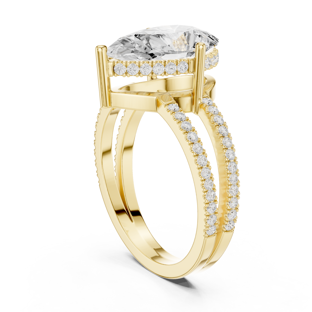 Pear split shank pave solitaire engagement ring yellow gold front view
