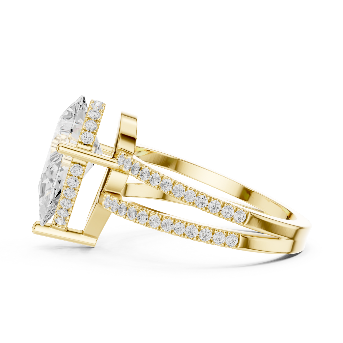 Pear split shank pave solitaire engagement ring yellow gold side view