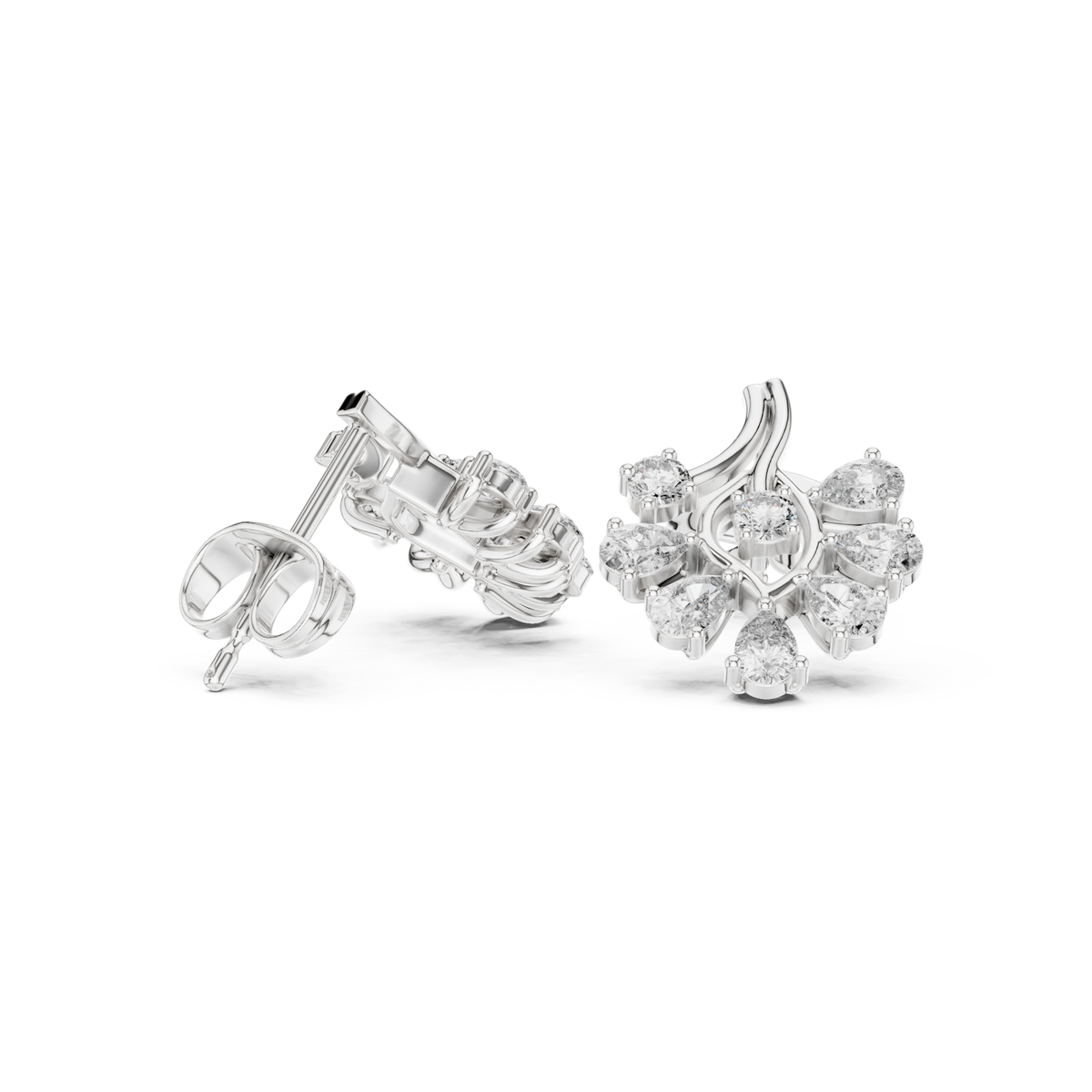  White Gold Pear Swirl Cluster Studs Side View