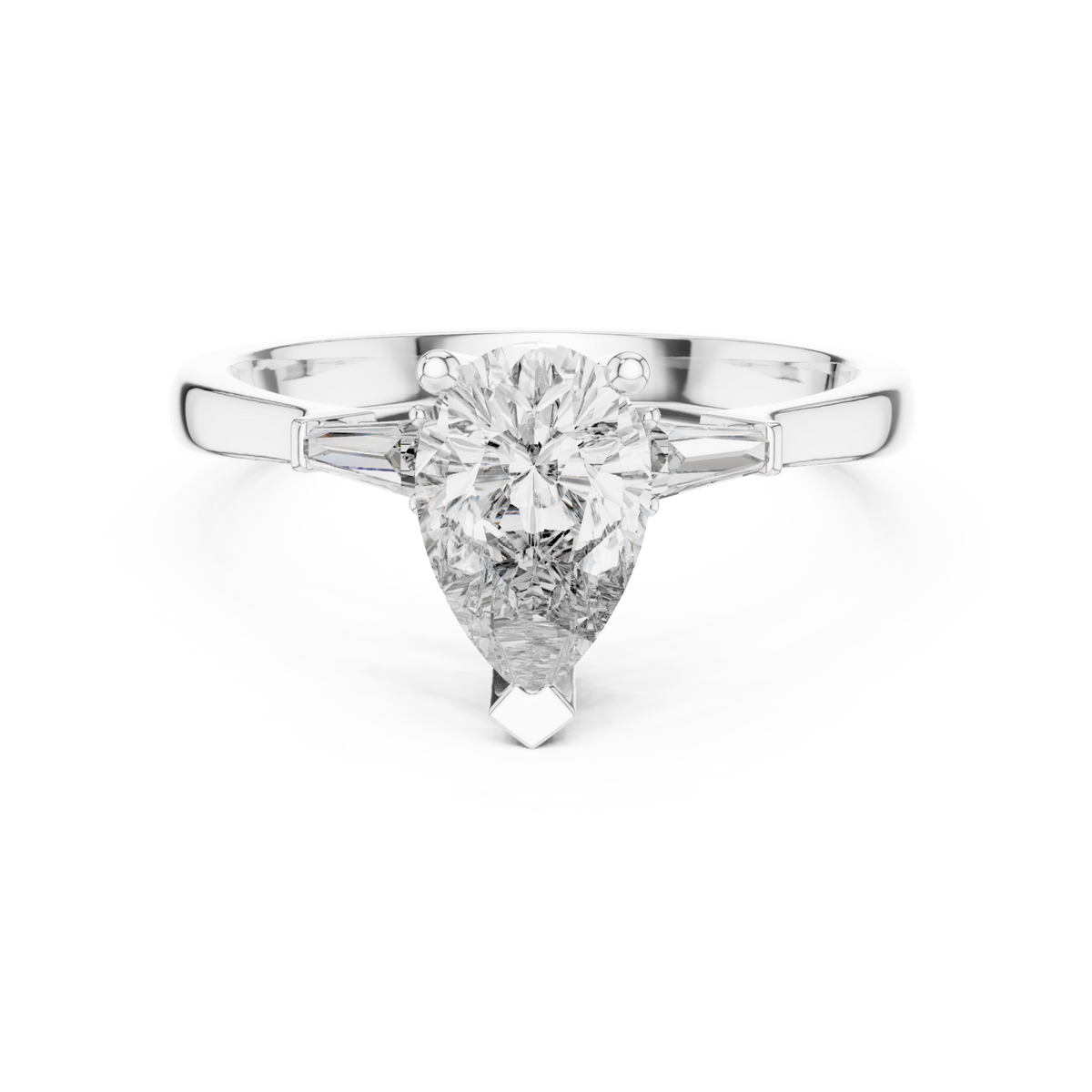 Pear tapered baguette solitaire ring white gold detail view