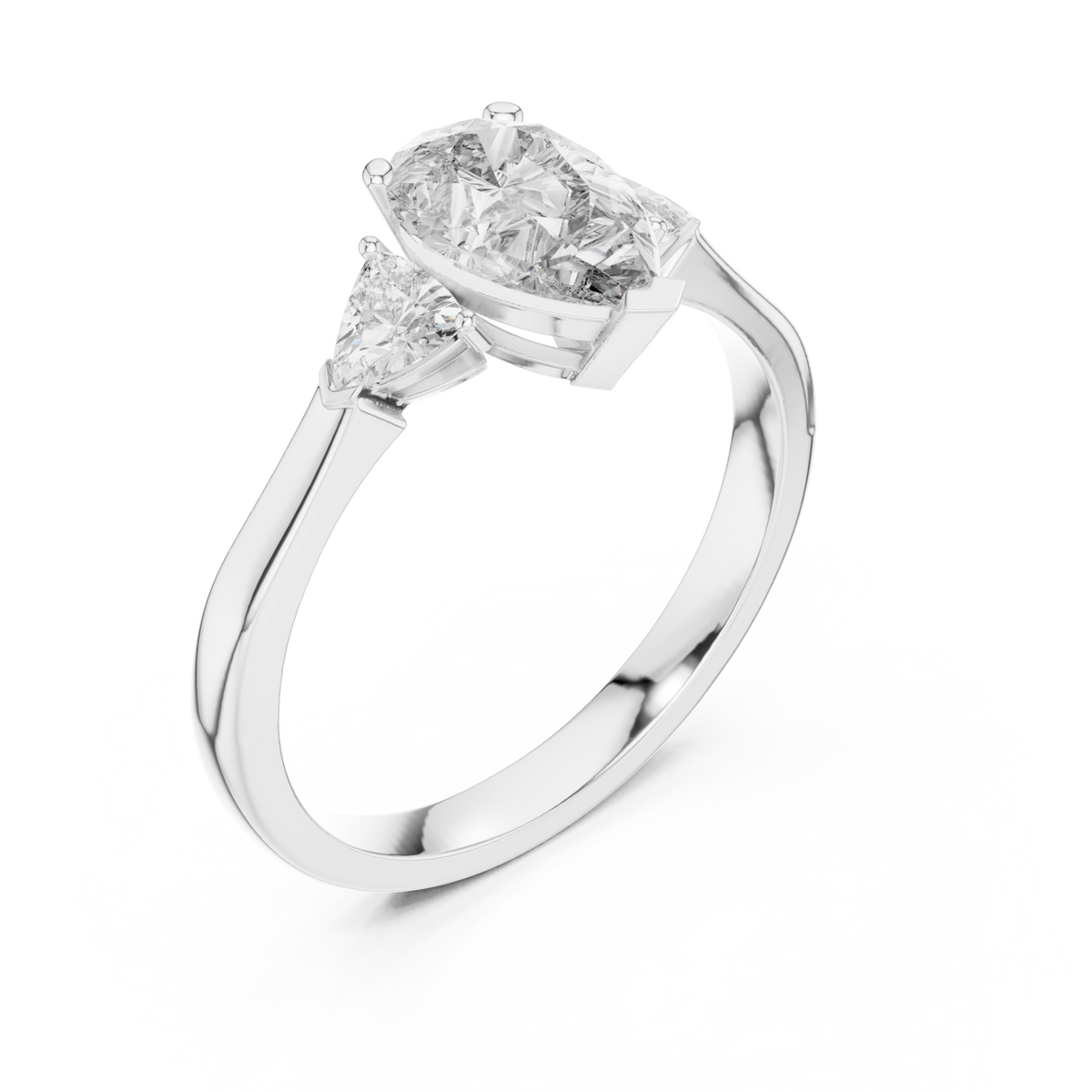 Pear three stone trillion ring white gold front view