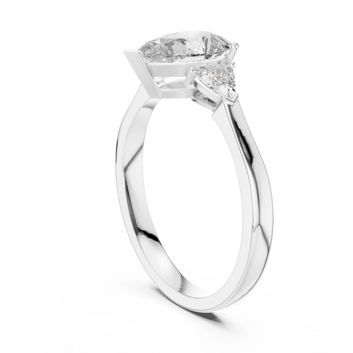 Pear three stone trillion ring white gold side view