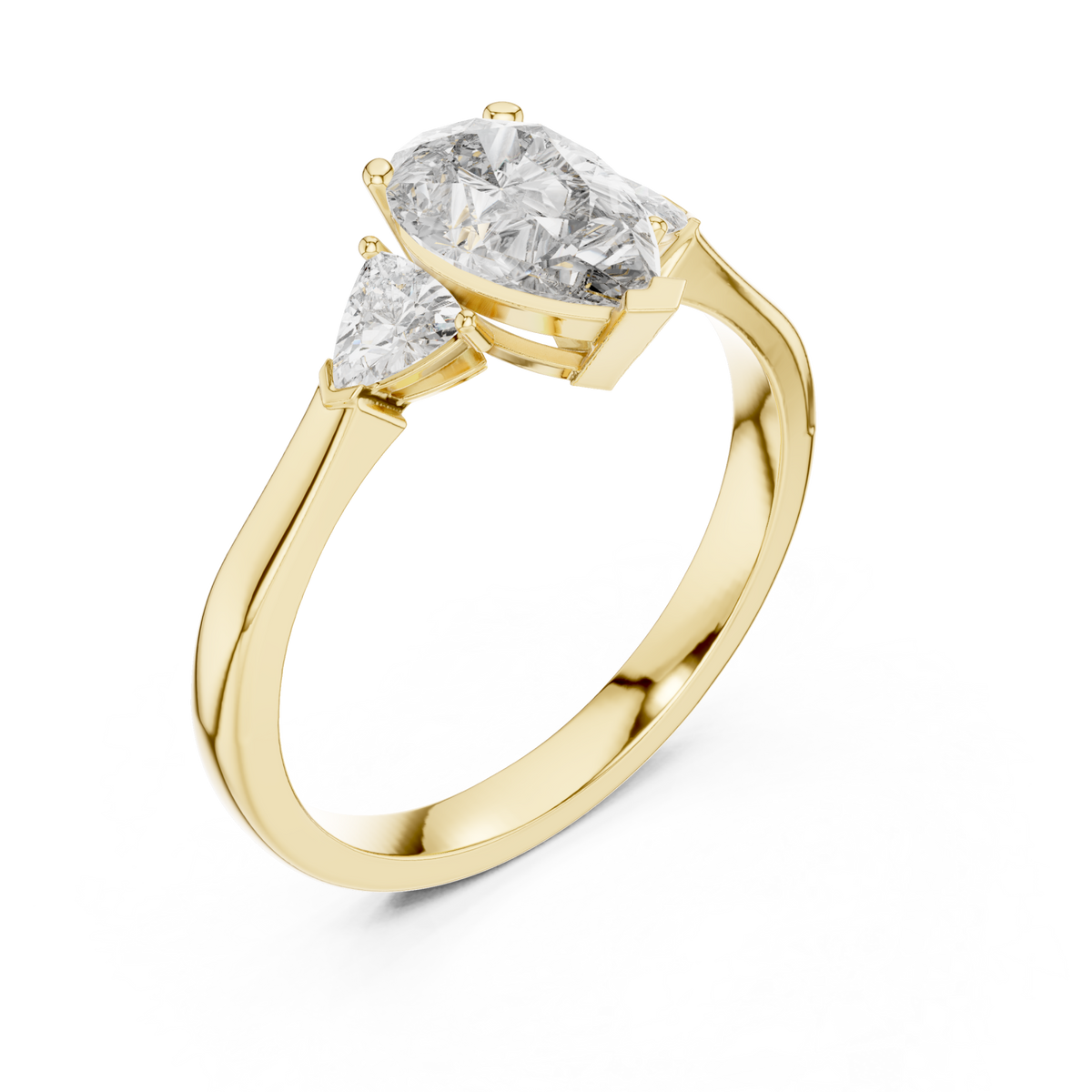 Pear three stone trillion ring yellow gold front view