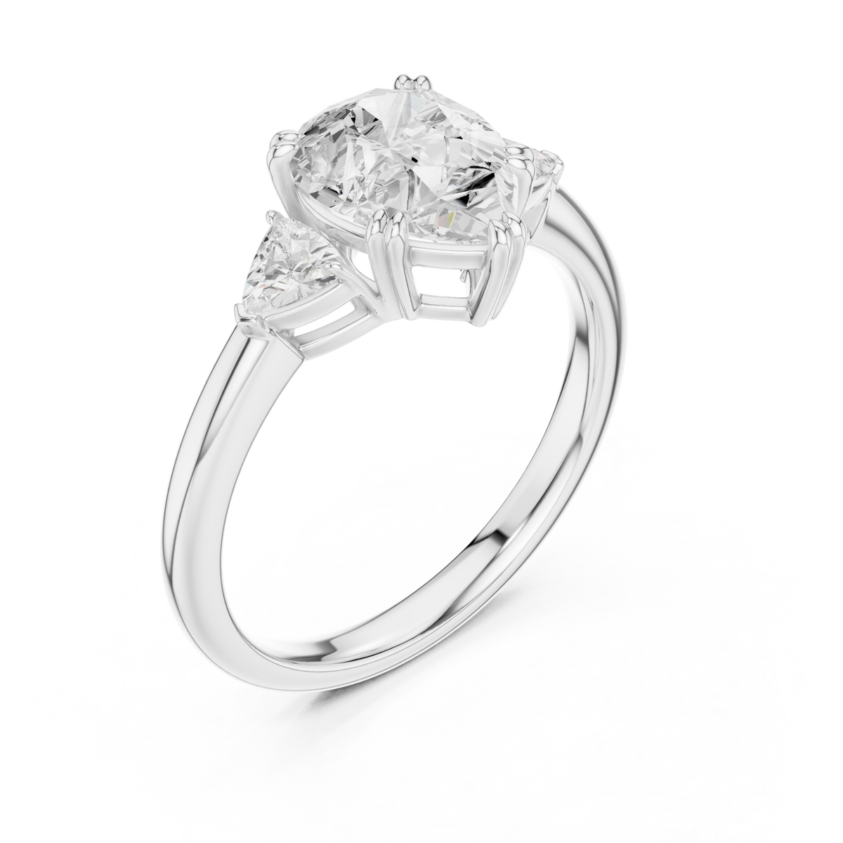 Pear trillion side three stone engagement ring white gold angle view