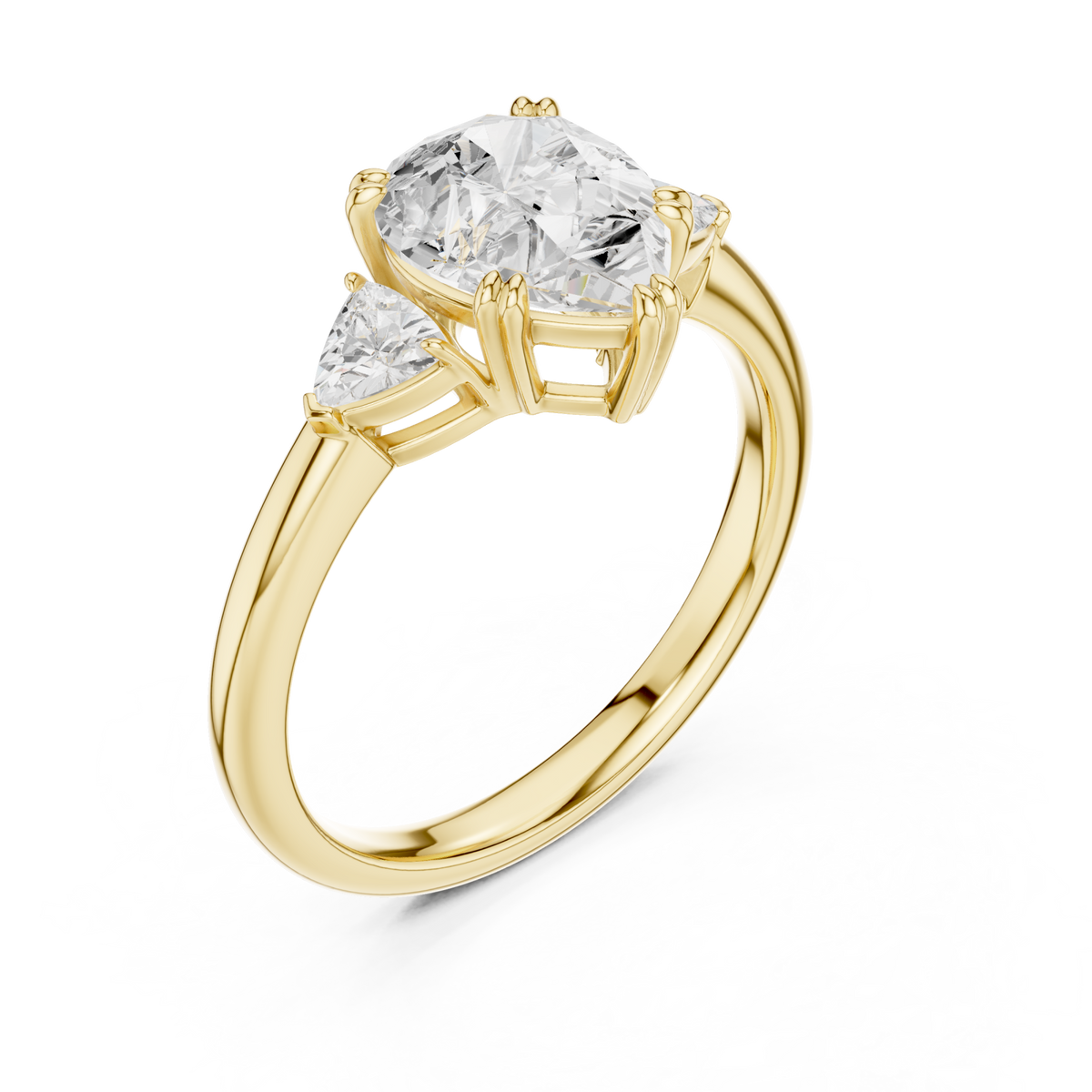 Pear trillion side three stone engagement ring yellow gold angle view