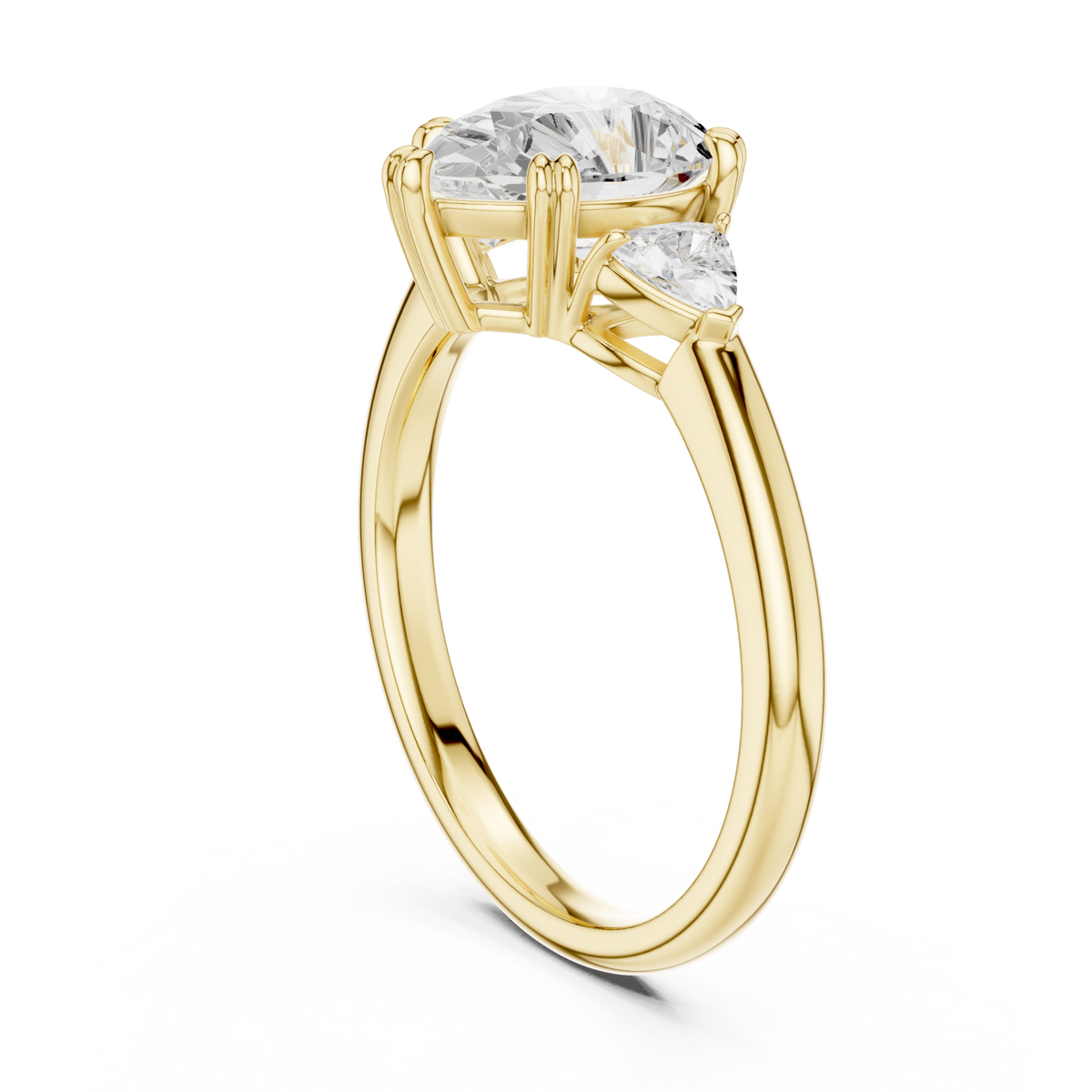 Pear trillion side three stone engagement ring yellow gold front view