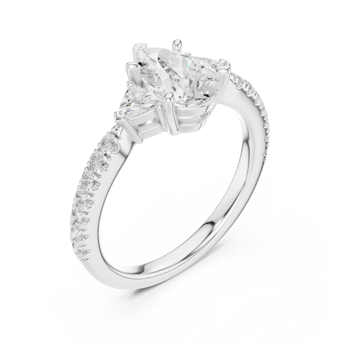 Pear trillion side three stone pave engagement ring white gold angle view