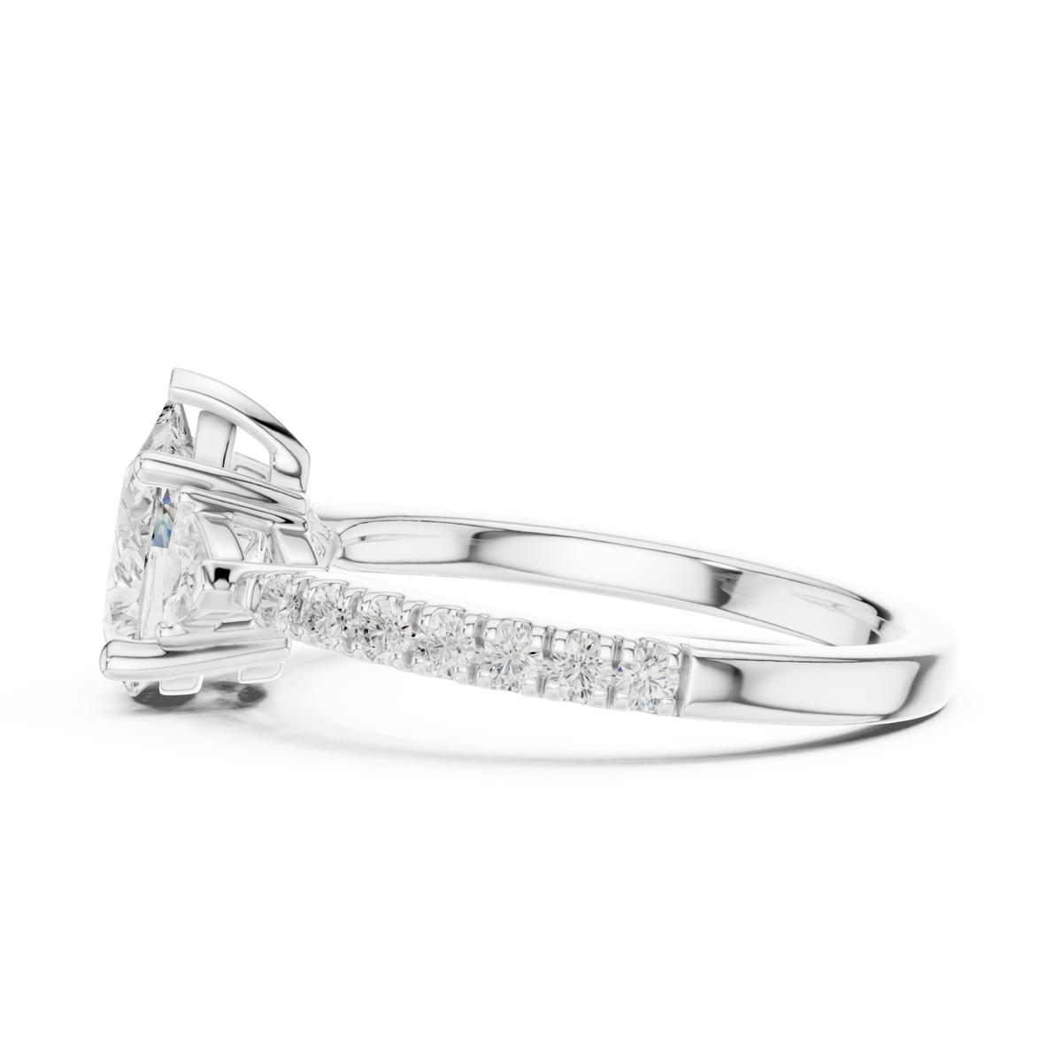 Pear trillion side three stone pave engagement ring white gold side view