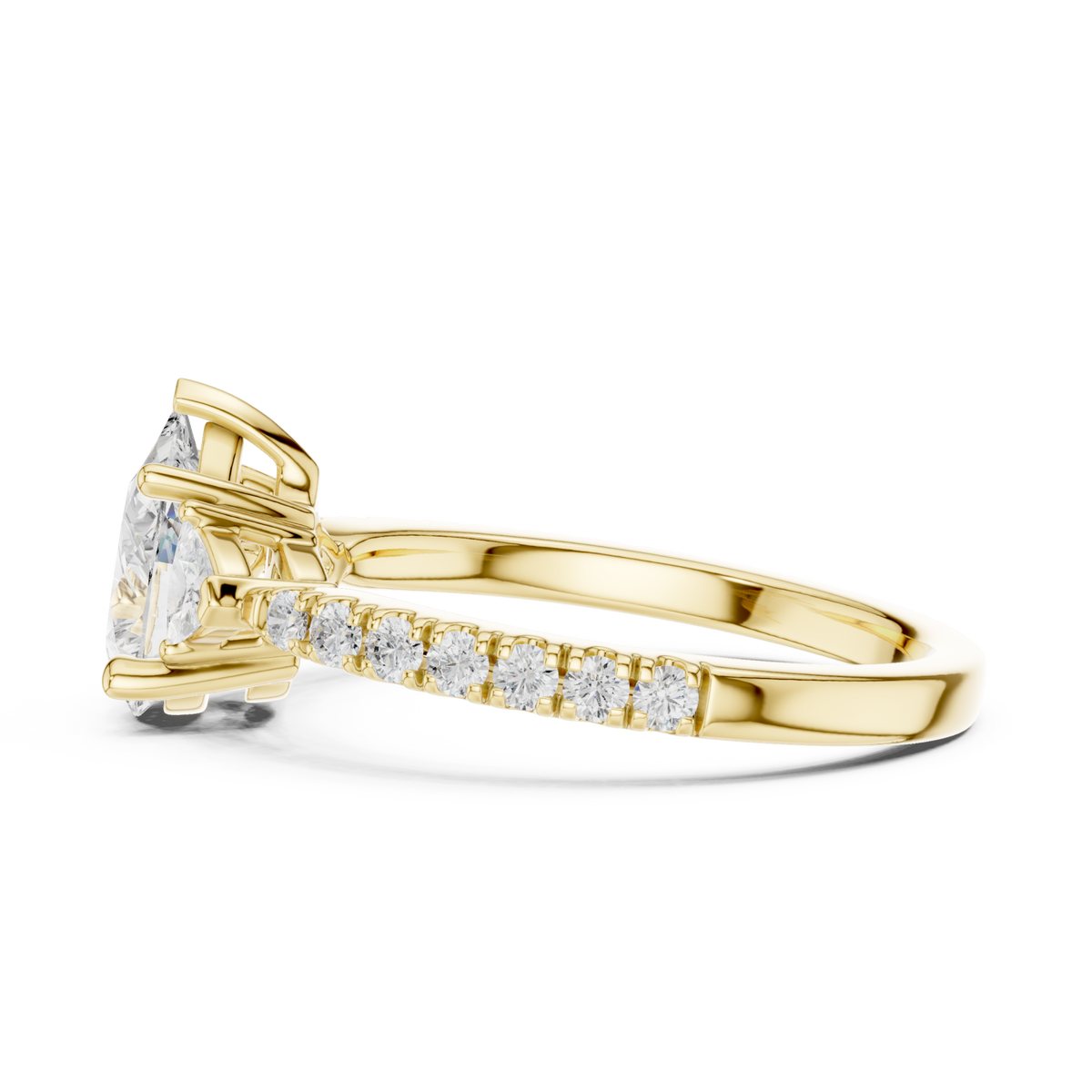 Pear trillion side three stone pave engagement ring yellow gold side view