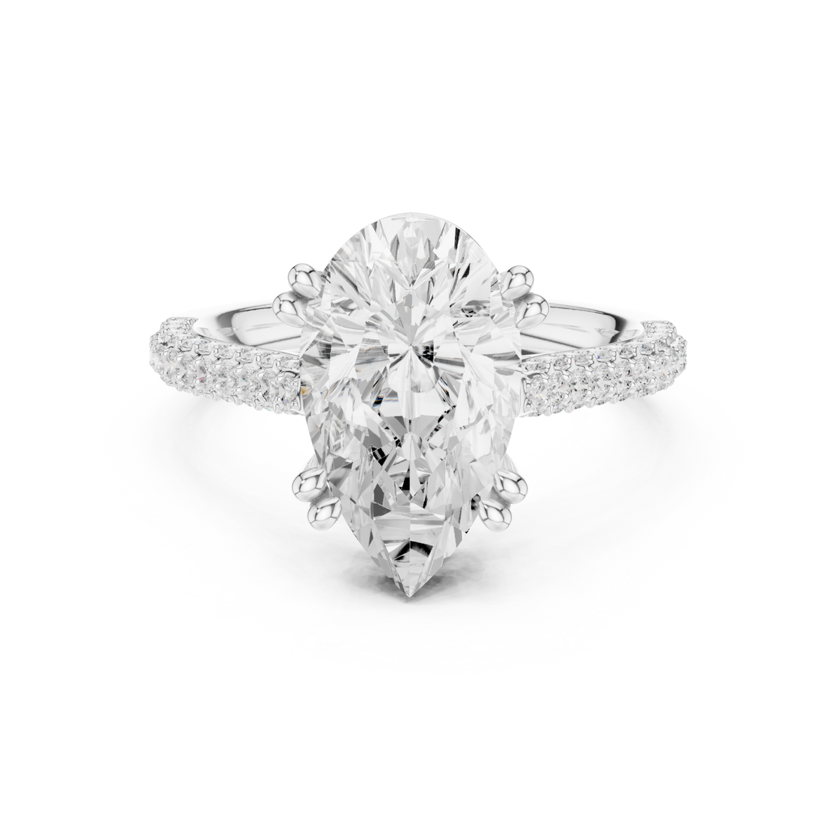Pear triple-row pave engagement ring white gold detail view