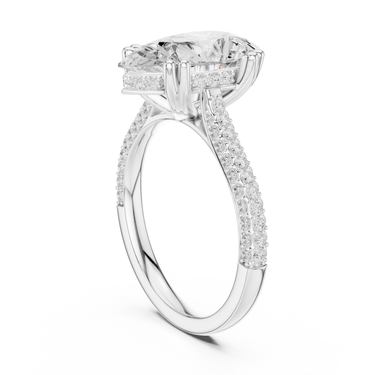 Pear triple-row pave engagement ring white gold front view