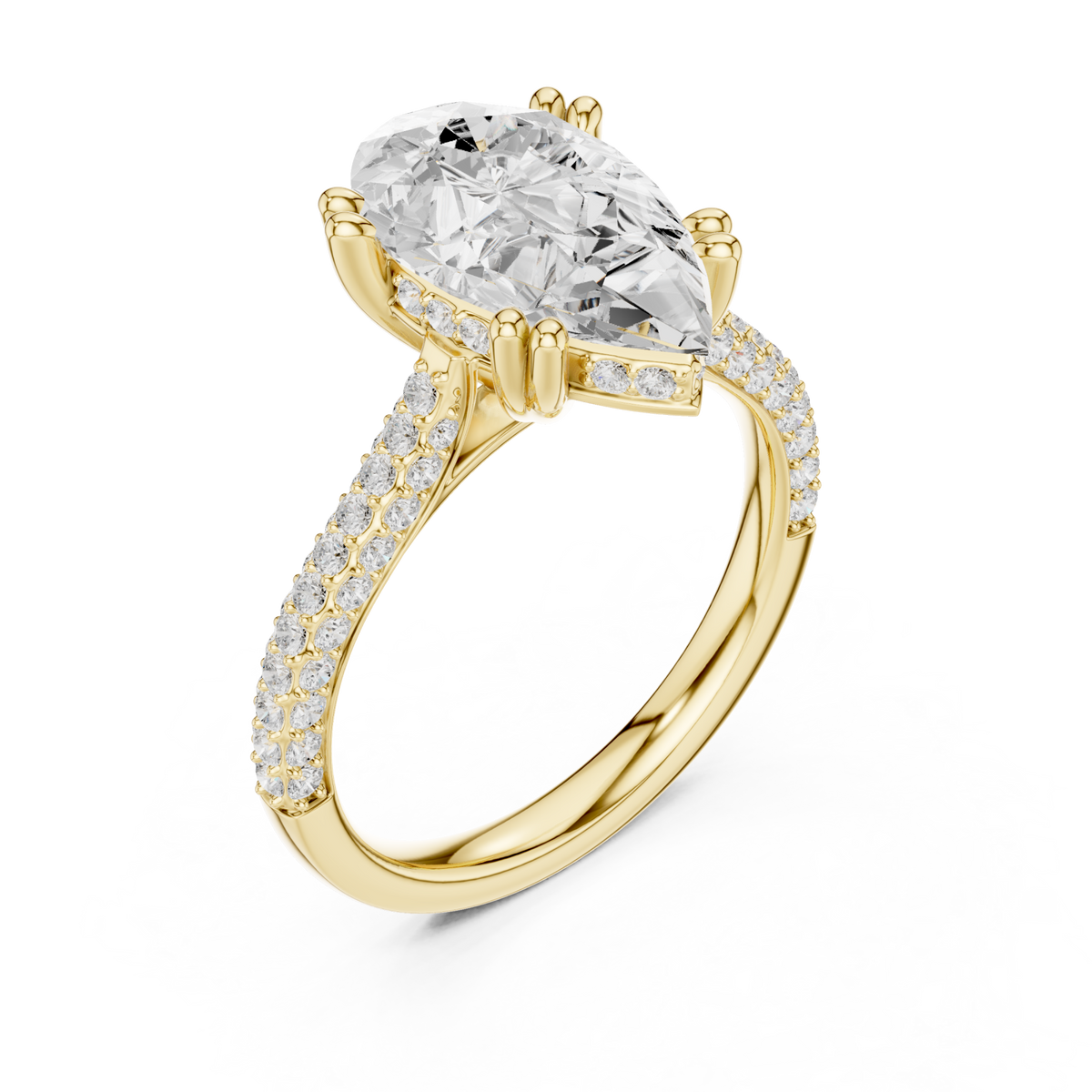 Pear triple-row pave engagement ring yellow gold angle view