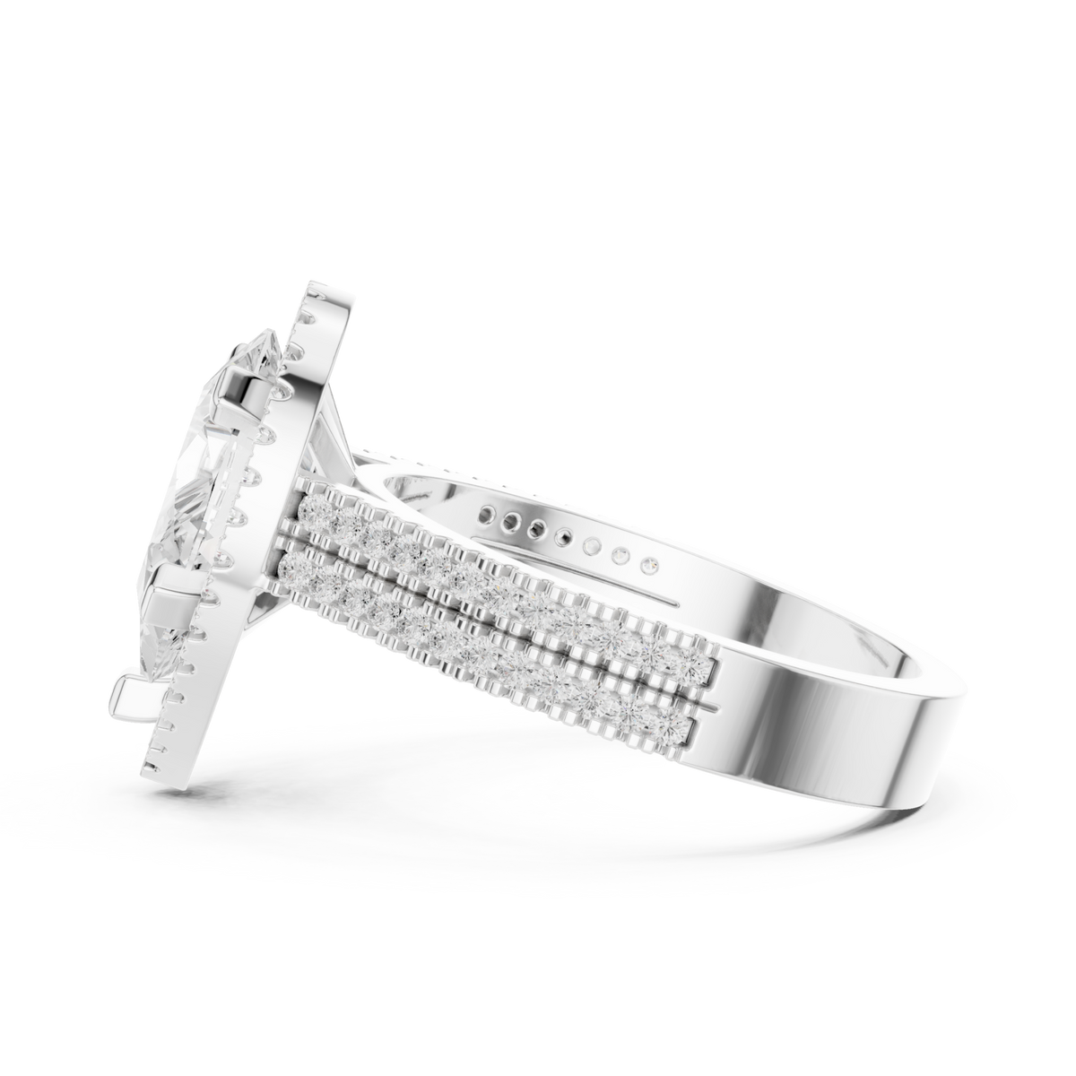 Pear triple-row pave halo engagement ring white gold side view