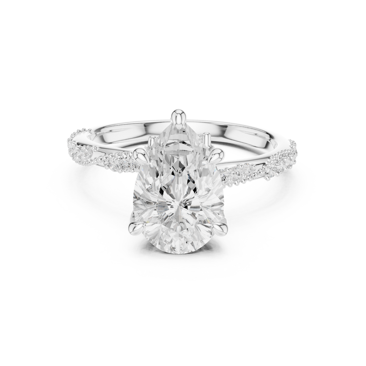 Pear twist pave engagement ring white gold detail view